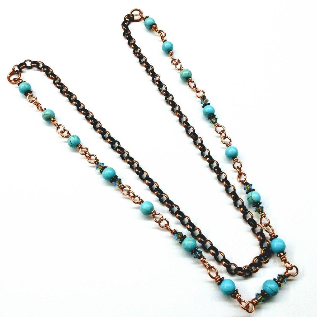 Handcrafted 24-Inch Copper Turquoise Necklace with Swarovski Crystals and Chinese Gemstones - Necklaces - Bijou Her -  -  - 