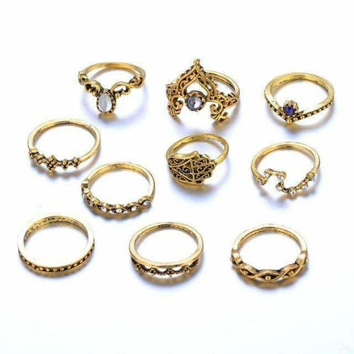 10-Piece Vintage Gemstone Ring Set - High-Quality Zinc Alloy - Fixed Sizes Bijou Her