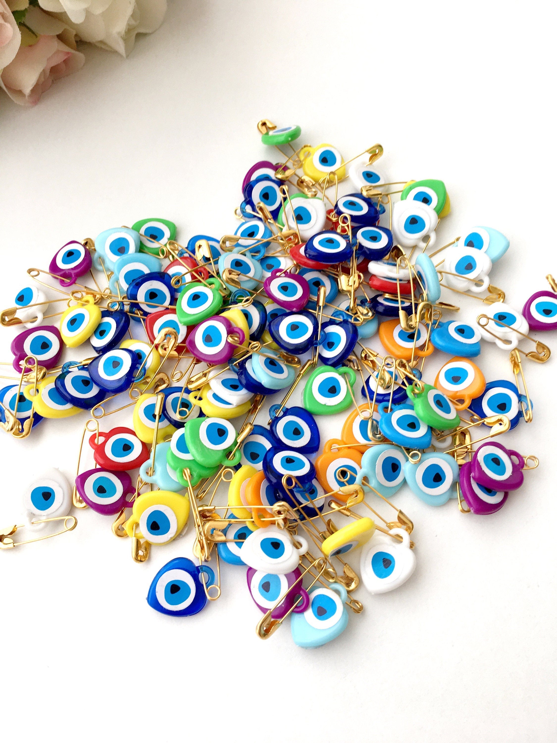 100 Mixed Resin Evil Eye Safety Pins for Unique Wedding Favors and Gifts - Nazar Boncuk Beads Included Bijou Her