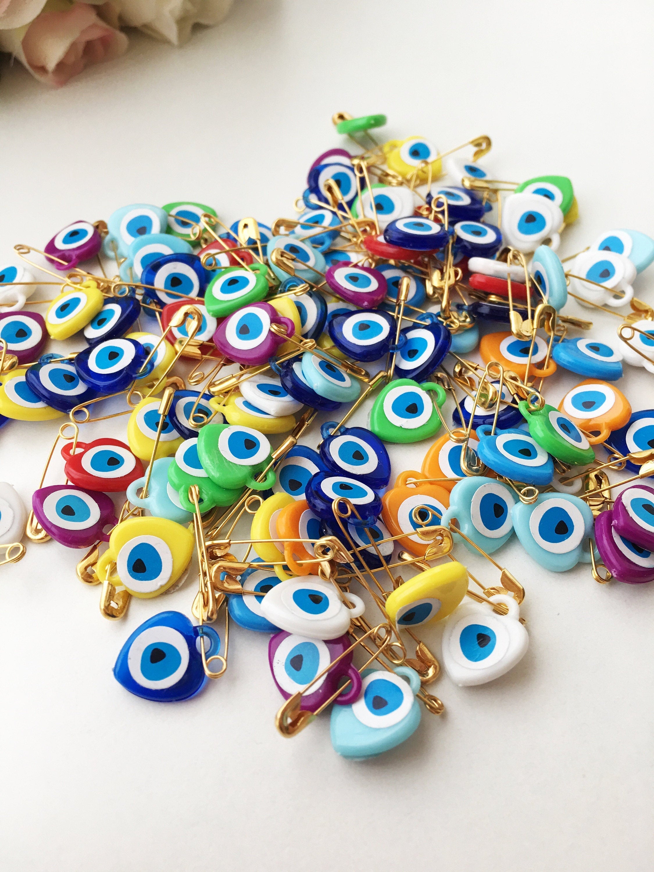 100 Mixed Resin Evil Eye Safety Pins for Unique Wedding Favors and Gifts - Nazar Boncuk Beads Included Bijou Her