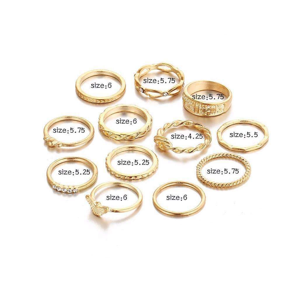12-Piece Golden Ring Set with Zinc Alloy and Gemstones - Fixed Sizes Bijou Her