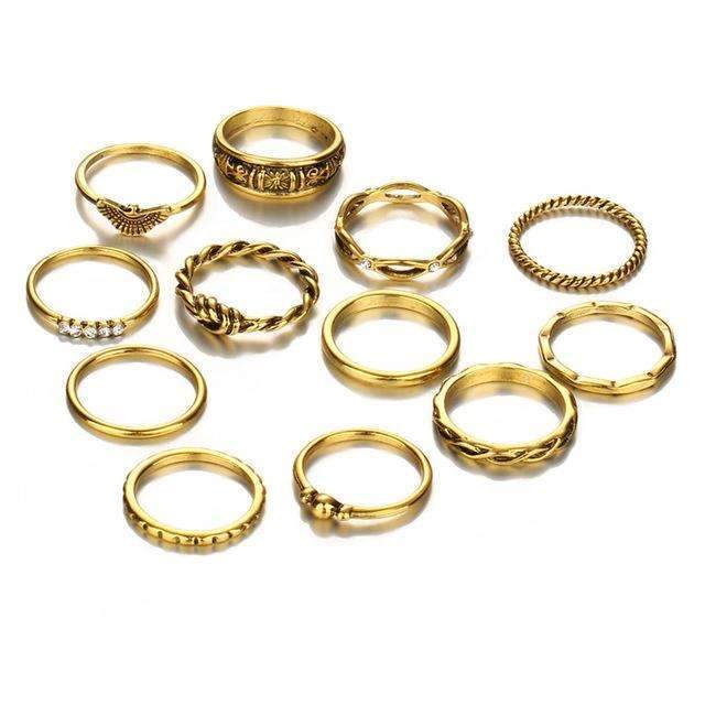 12-Piece Golden Ring Set with Zinc Alloy and Gemstones - Fixed Sizes Bijou Her