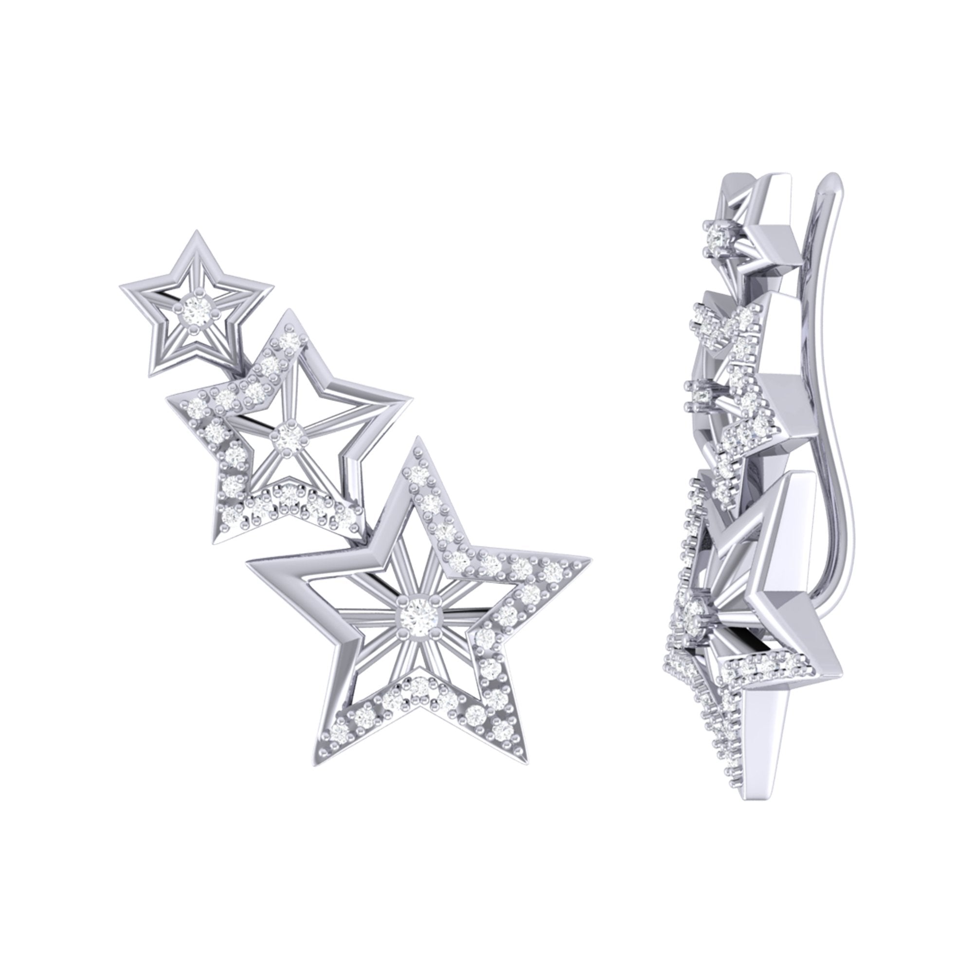 14K White Gold Starburst Diamond Ear Climbers - Natural Diamonds, Handmade Bijou Her