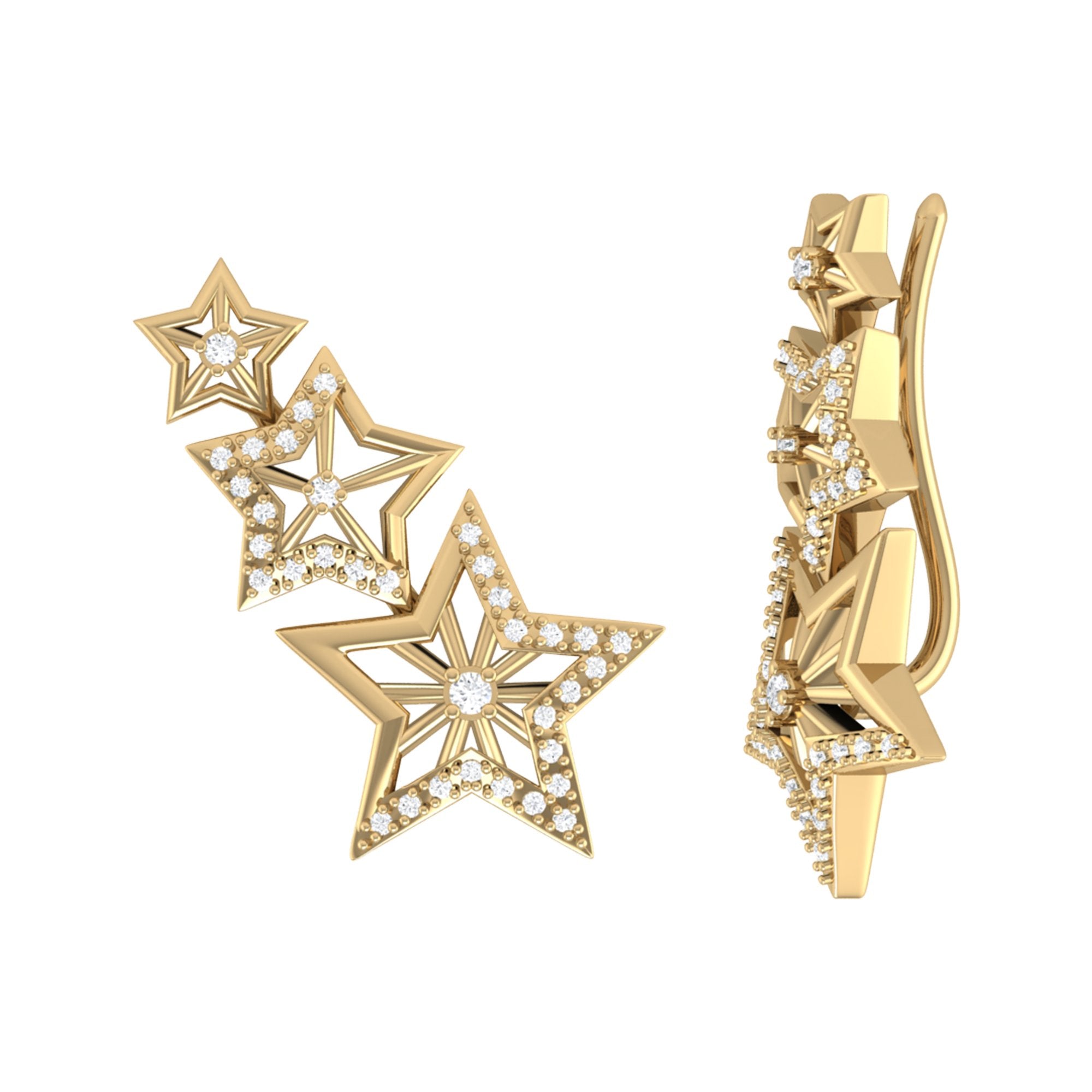 14K Yellow Gold Starburst Diamond Ear Climbers - Natural Diamonds, Handmade Bijou Her