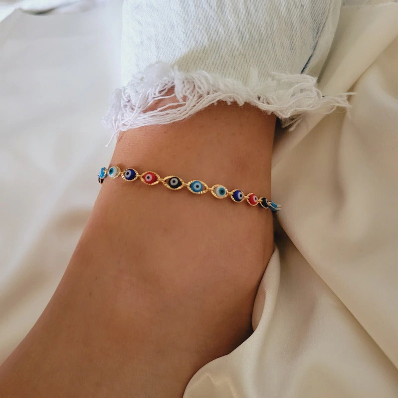 18K Gold Evil Eye Anklet Bracelet for Summer - Multicolor, Positive Energy, Protection & Seven Chakras Anklet Gift Bijou Her