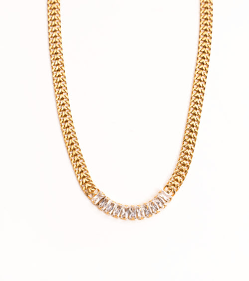 18K Gold Plated Marissa Cuban Chain Necklace - Hypoallergenic & Waterproof Stainless Steel with Baguette Stones Bijou Her