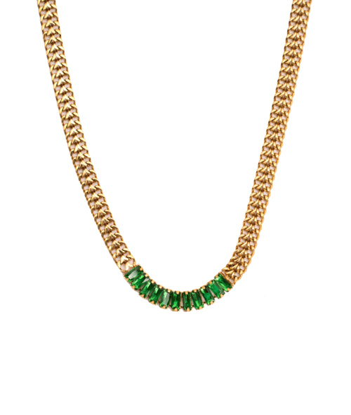 18K Gold Plated Marissa Cuban Chain Necklace - Hypoallergenic & Waterproof Stainless Steel with Baguette Stones Bijou Her