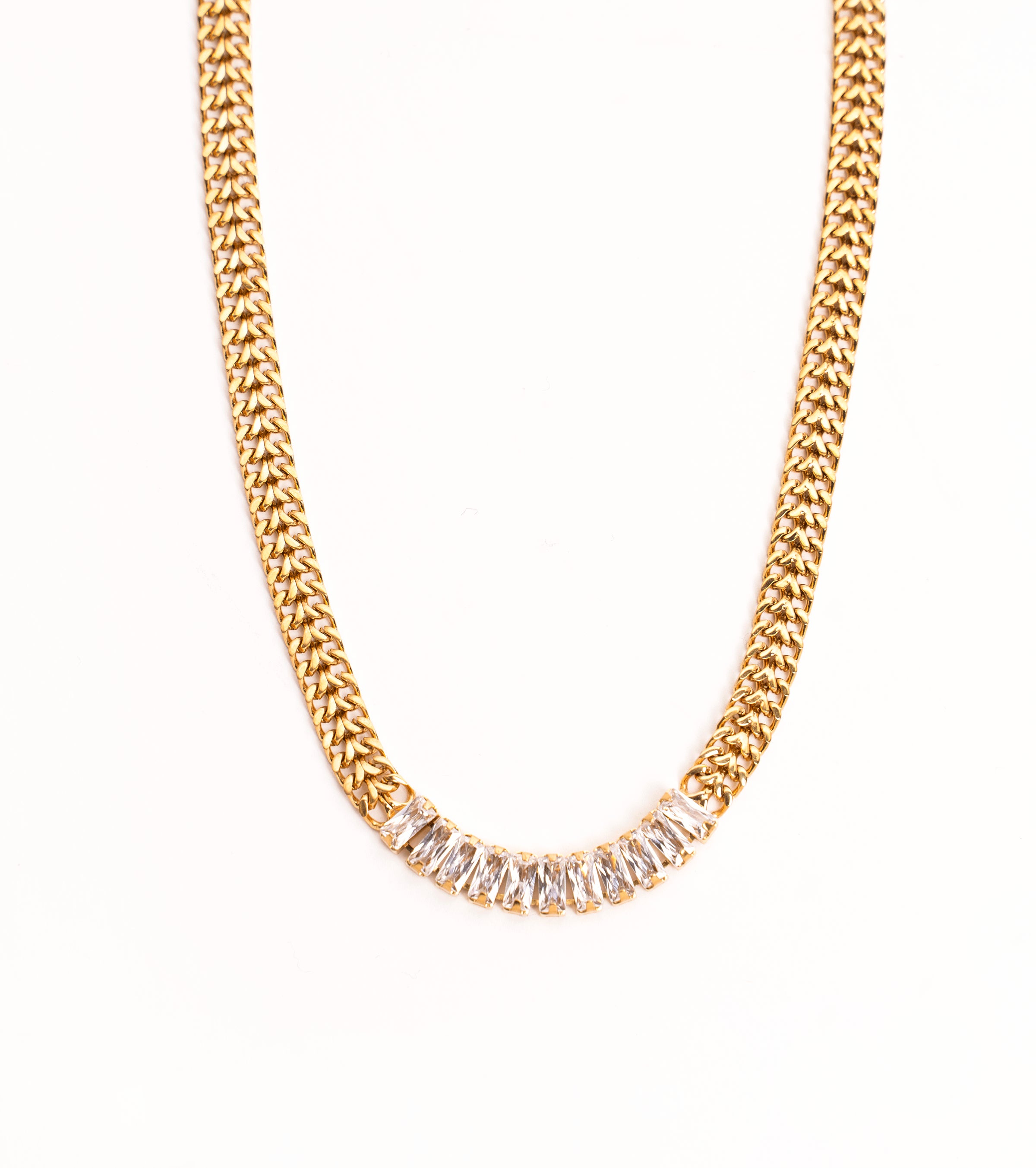 18K Gold Plated Marissa Cuban Chain Necklace - Hypoallergenic & Waterproof Stainless Steel with Baguette Stones Bijou Her