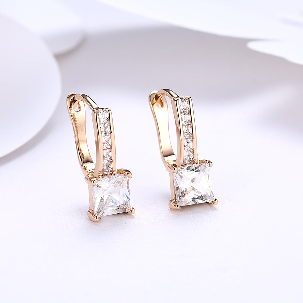18K Gold Plated Princess Cut Square Huggie Earring with Crystals - Hypoallergenic and Comfort Fit Jewelry in White Gift Box Bijou Her