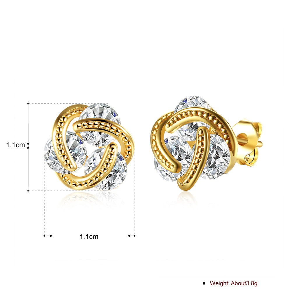 18K Gold Plated Triple Stone Knot Stud Earrings with Crystals - Hypoallergenic and Comfort Fit Bijou Her