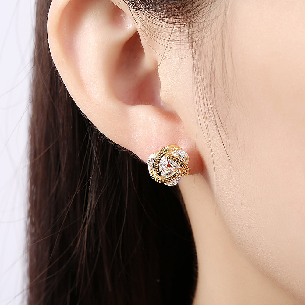18K Gold Plated Triple Stone Knot Stud Earrings with Crystals - Hypoallergenic and Comfort Fit Bijou Her