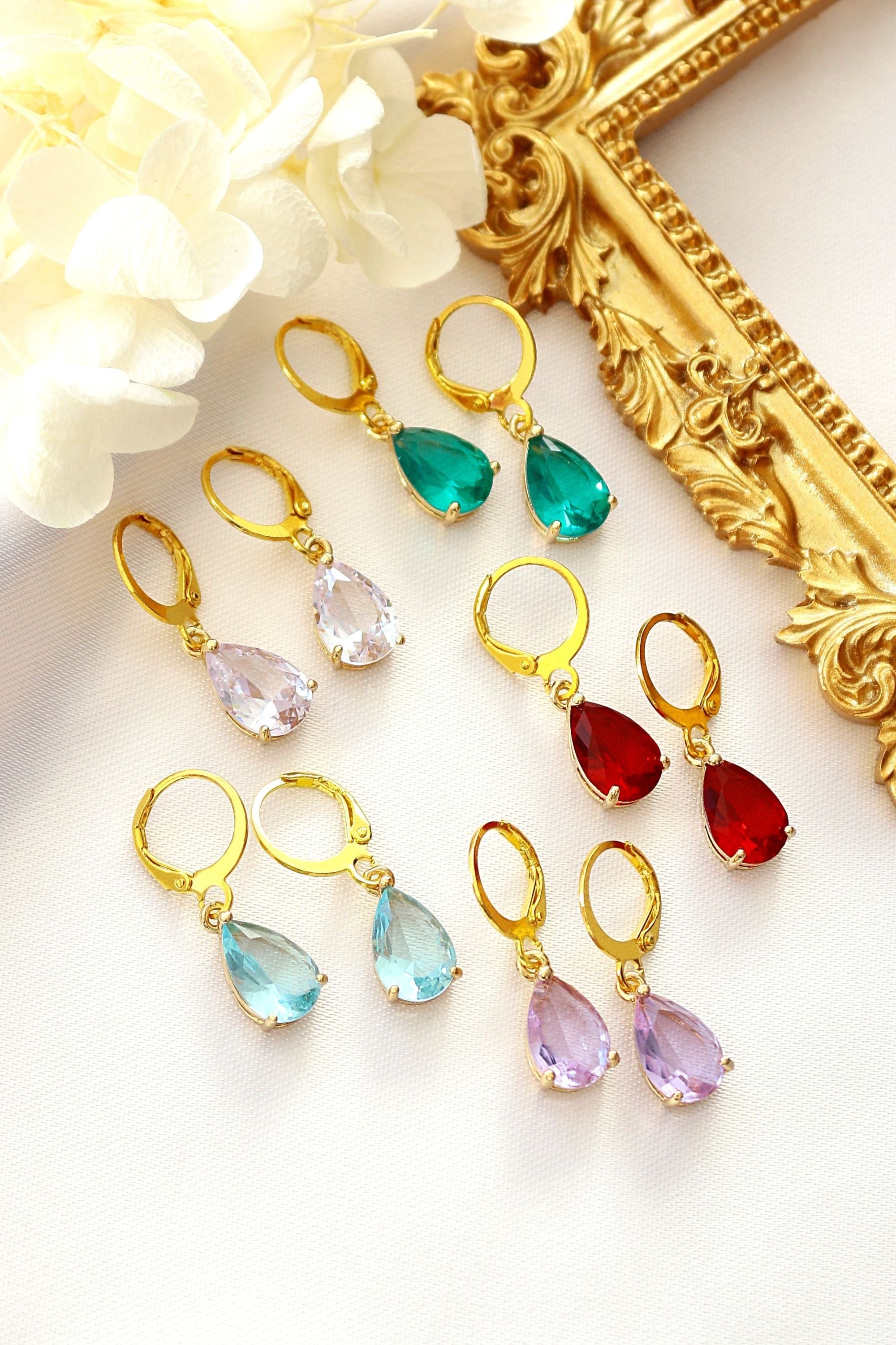 18K Rainbow Teardrop Hoop Earrings - Handmade in Europe with CZ Charms in 5 Colors Bijou Her