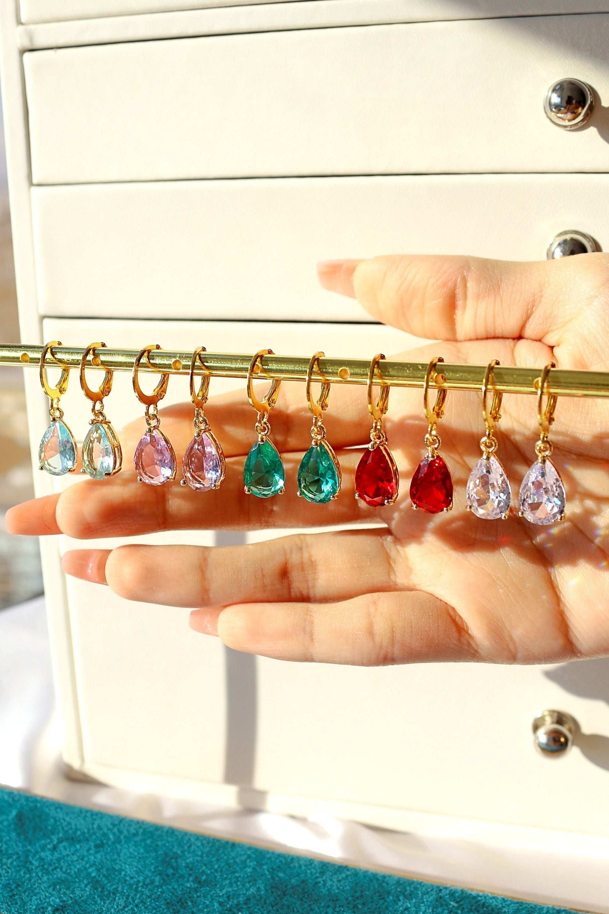 18K Rainbow Teardrop Hoop Earrings - Handmade in Europe with CZ Charms in 5 Colors Bijou Her
