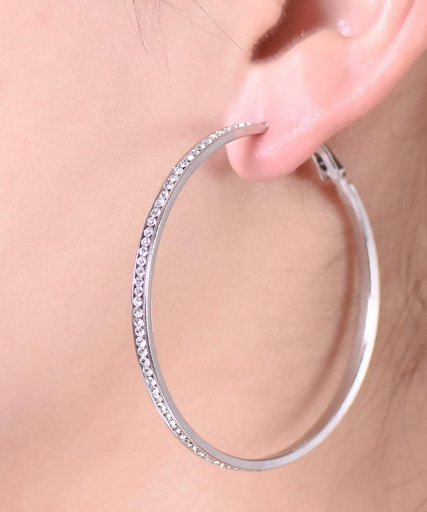 18K White Gold Plated Pave Hoop Earrings with Crystals - Hypoallergenic and Made in Italy Bijou Her