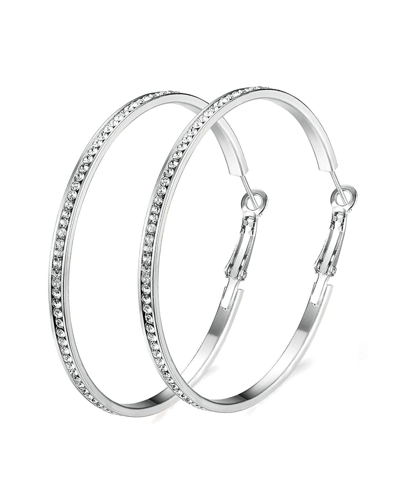 18K White Gold Plated Pave Hoop Earrings with Crystals - Hypoallergenic and Made in Italy Bijou Her