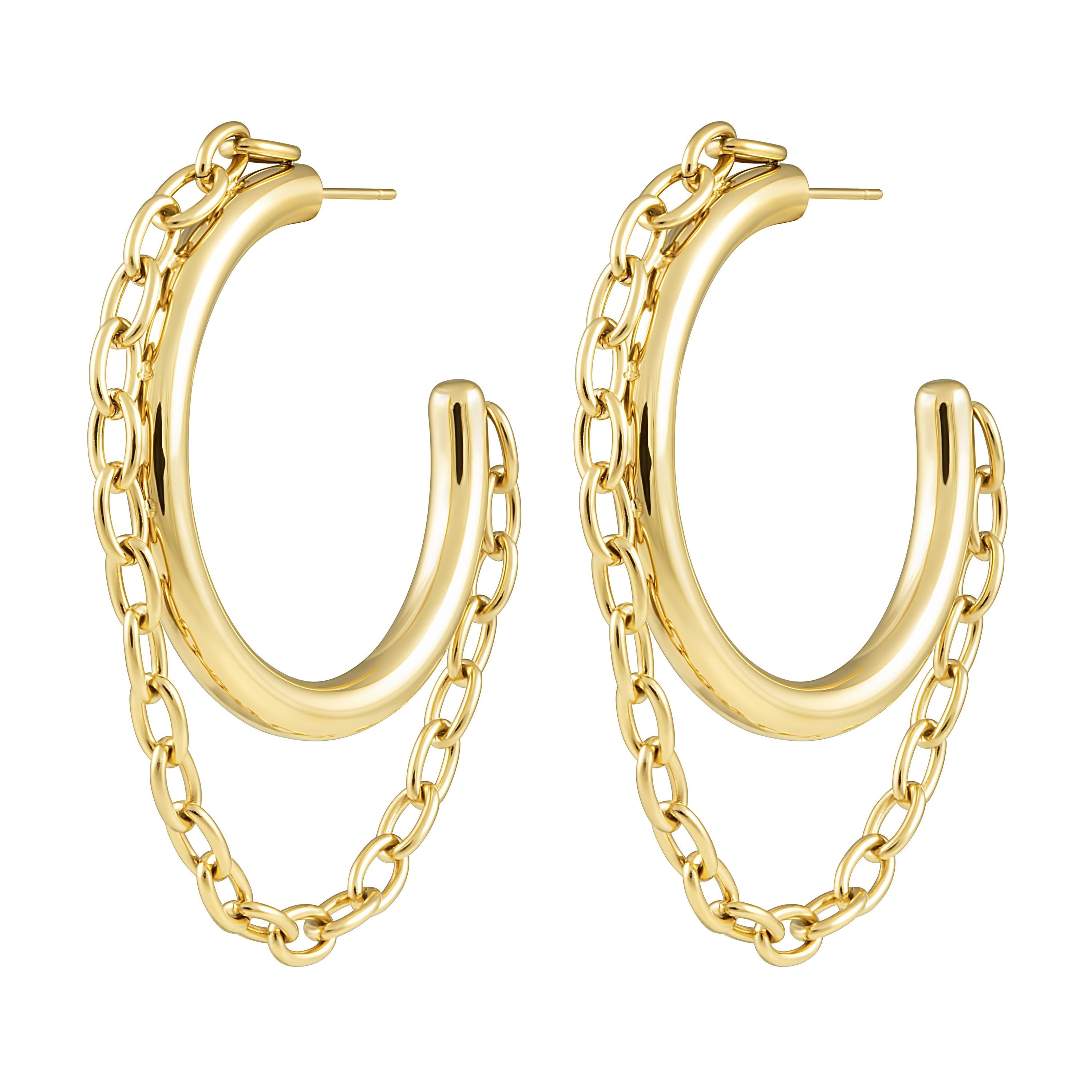 18k Gold Plated Gianna Chain Hoop Earrings - Stainless Steel Chains Bijou Her