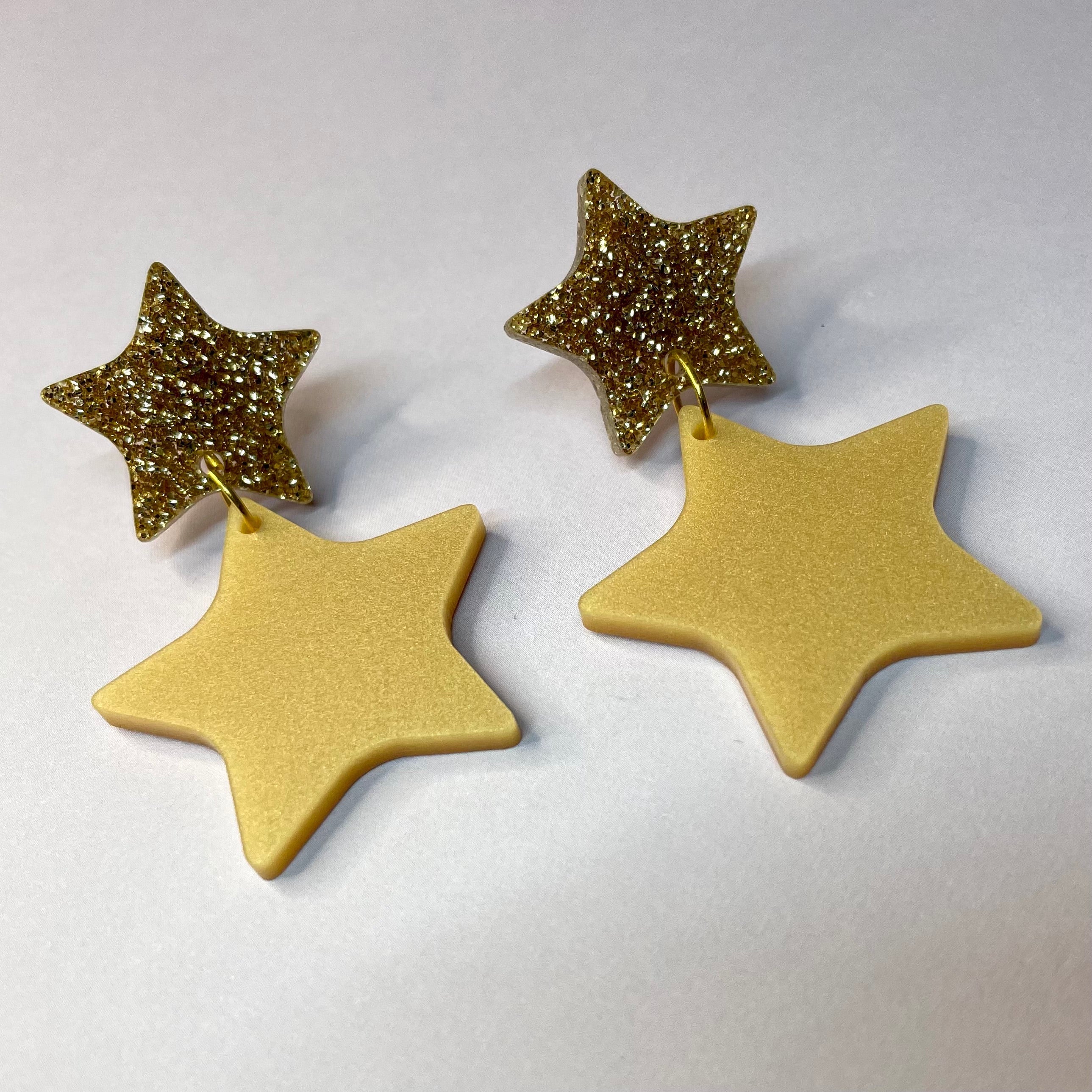 1960s-inspired Double Star Dangle Earrings - Laser Cut Acrylic, Clip-Ons Available, Nickel/Lead-Free Findings Bijou Her