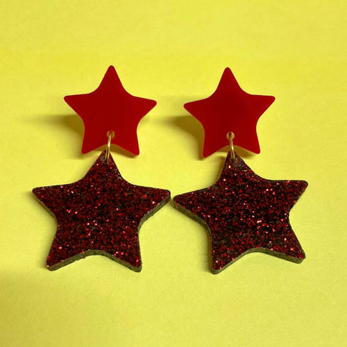 1960s-inspired Double Star Dangle Earrings - Laser Cut Acrylic, Clip-Ons Available, Nickel/Lead-Free Findings Bijou Her