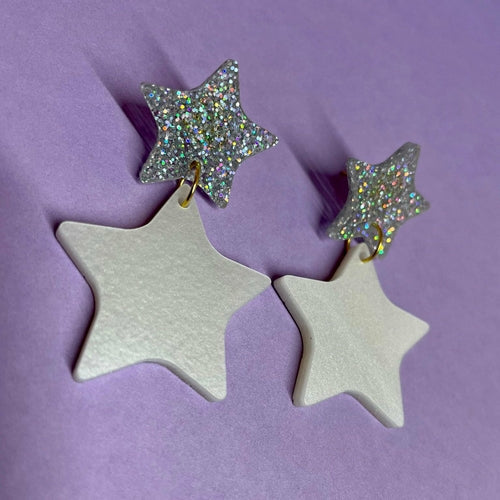 1960s-inspired Double Star Dangle Earrings - Laser Cut Acrylic, Clip-Ons Available, Nickel/Lead-Free Findings Bijou Her