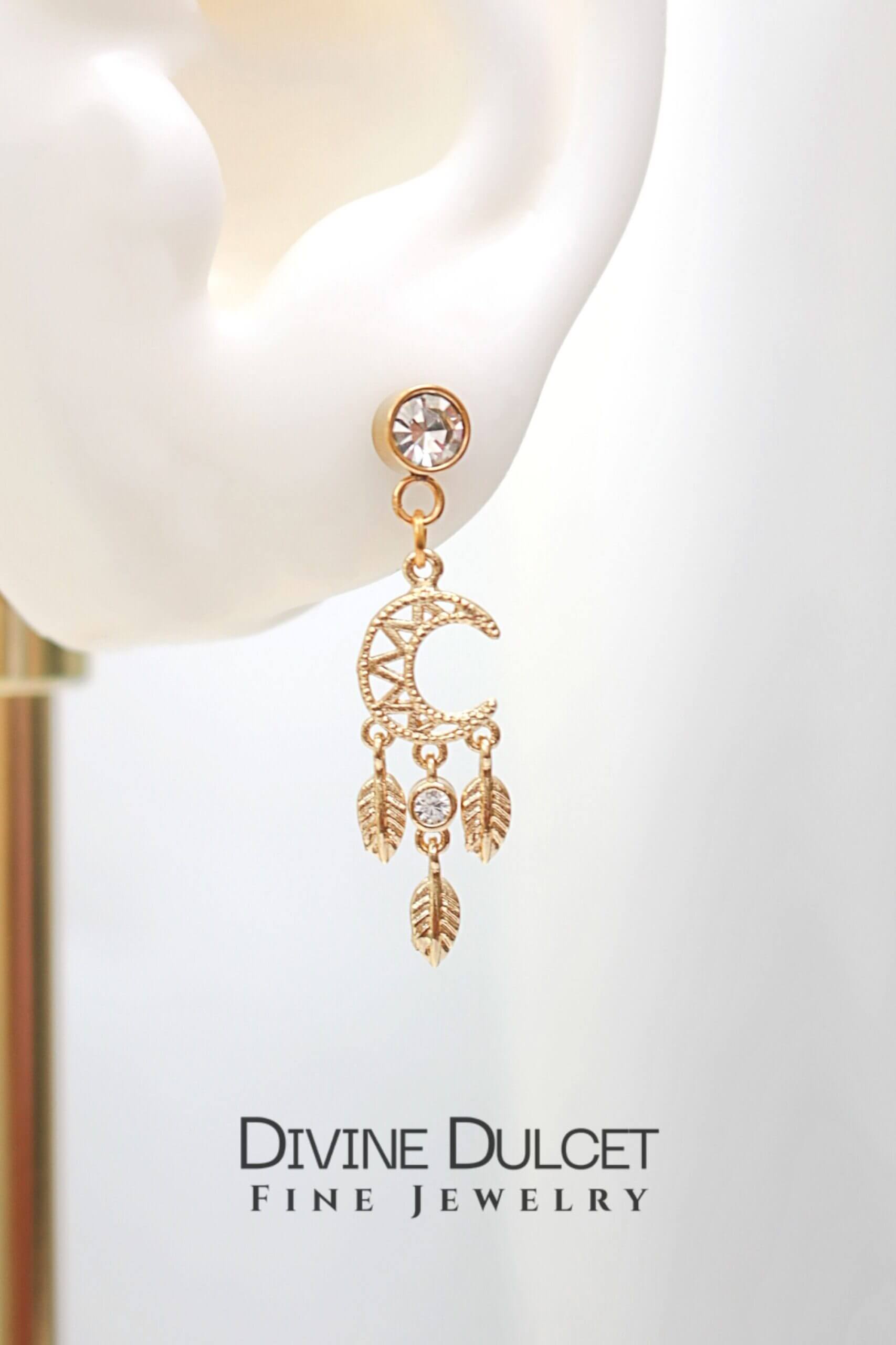 24 Karat Moon Stud Earrings - Dazzling Cubic Zirconia Dream Catcher Jewelry Bijou Her