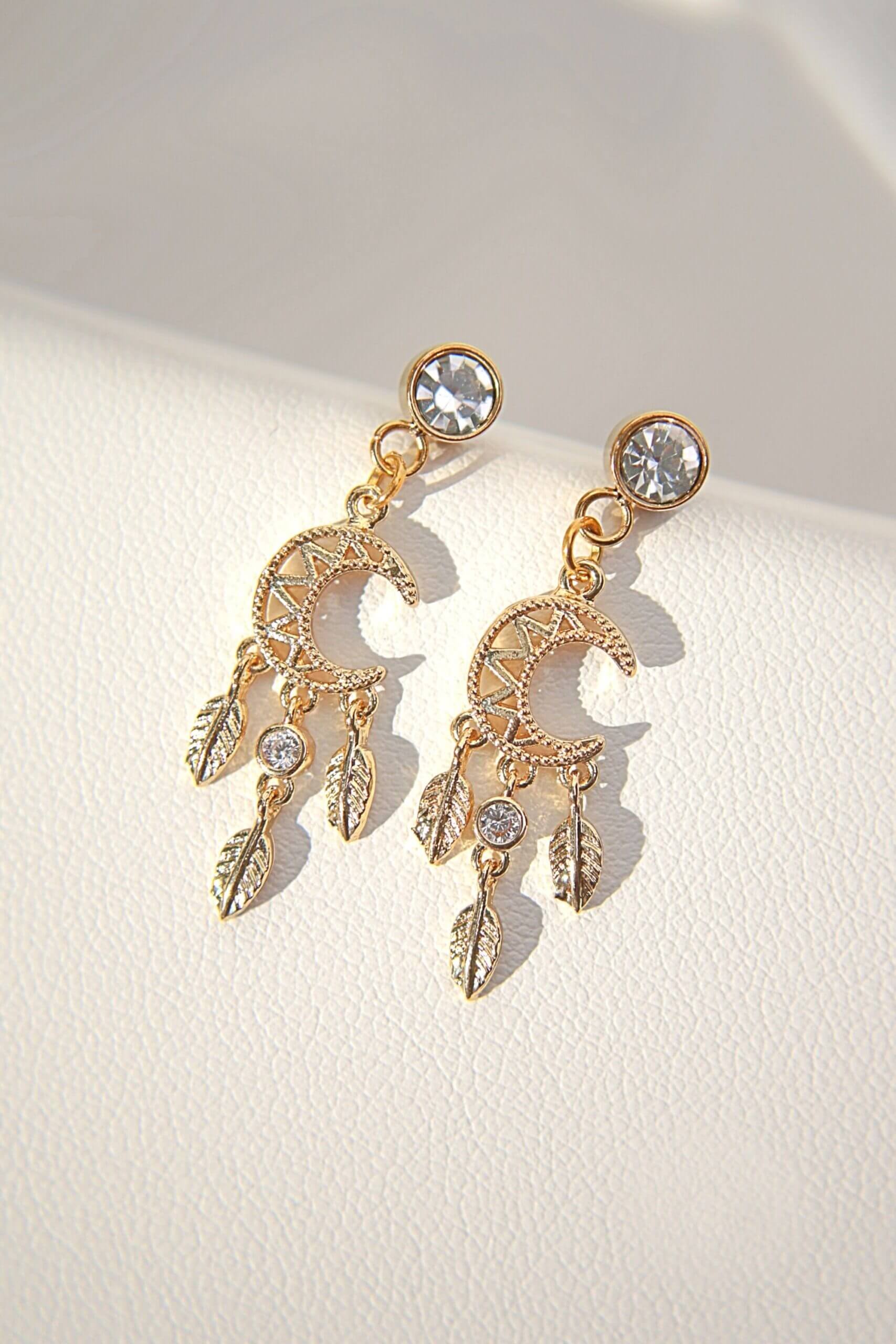 24 Karat Moon Stud Earrings - Dazzling Cubic Zirconia Dream Catcher Jewelry Bijou Her