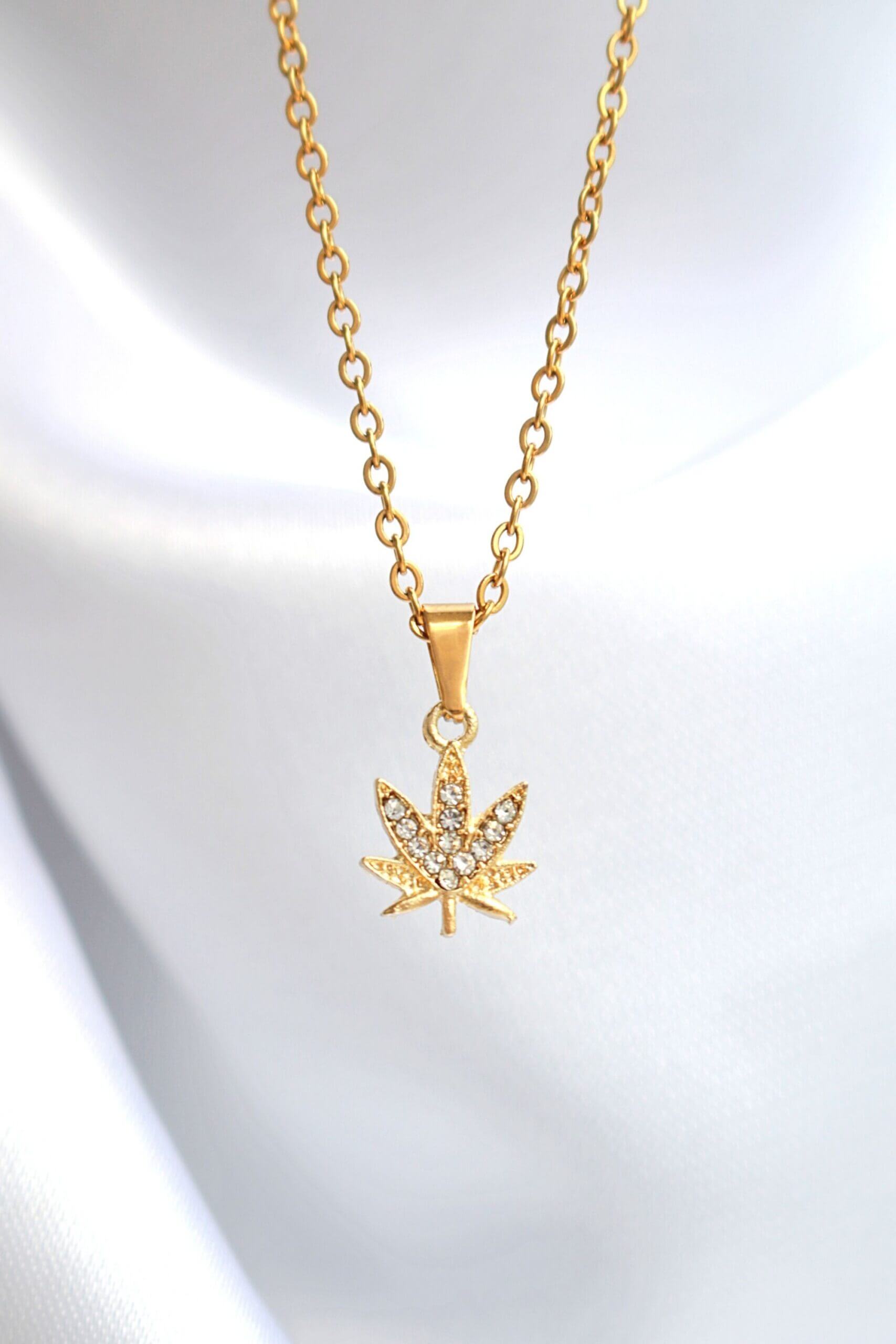 24K Gold-Plated Cannabis Leaf Necklace with Cubic Zirconia Inlay - Handcrafted in Europe Bijou Her