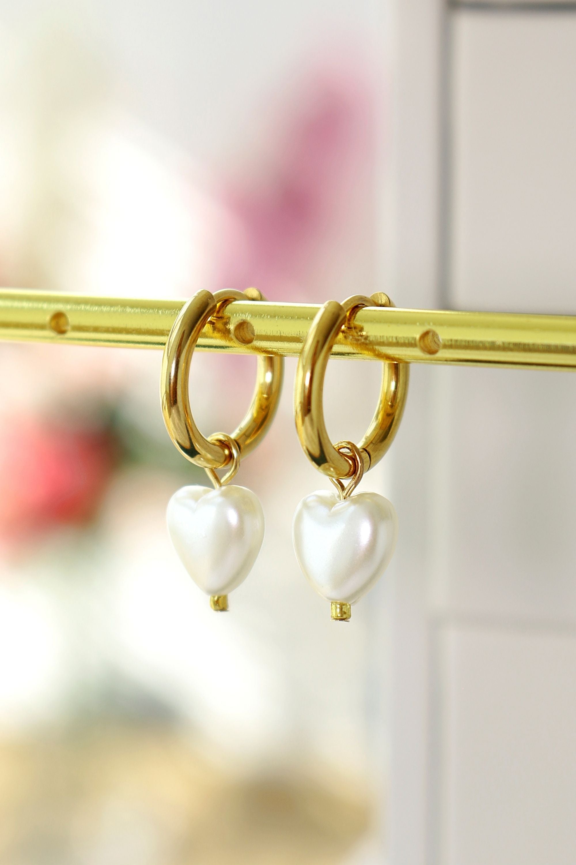 24K Gold-Plated Heart Pearl Hoop Earrings - Hypoallergenic & Handmade in Europe Bijou Her