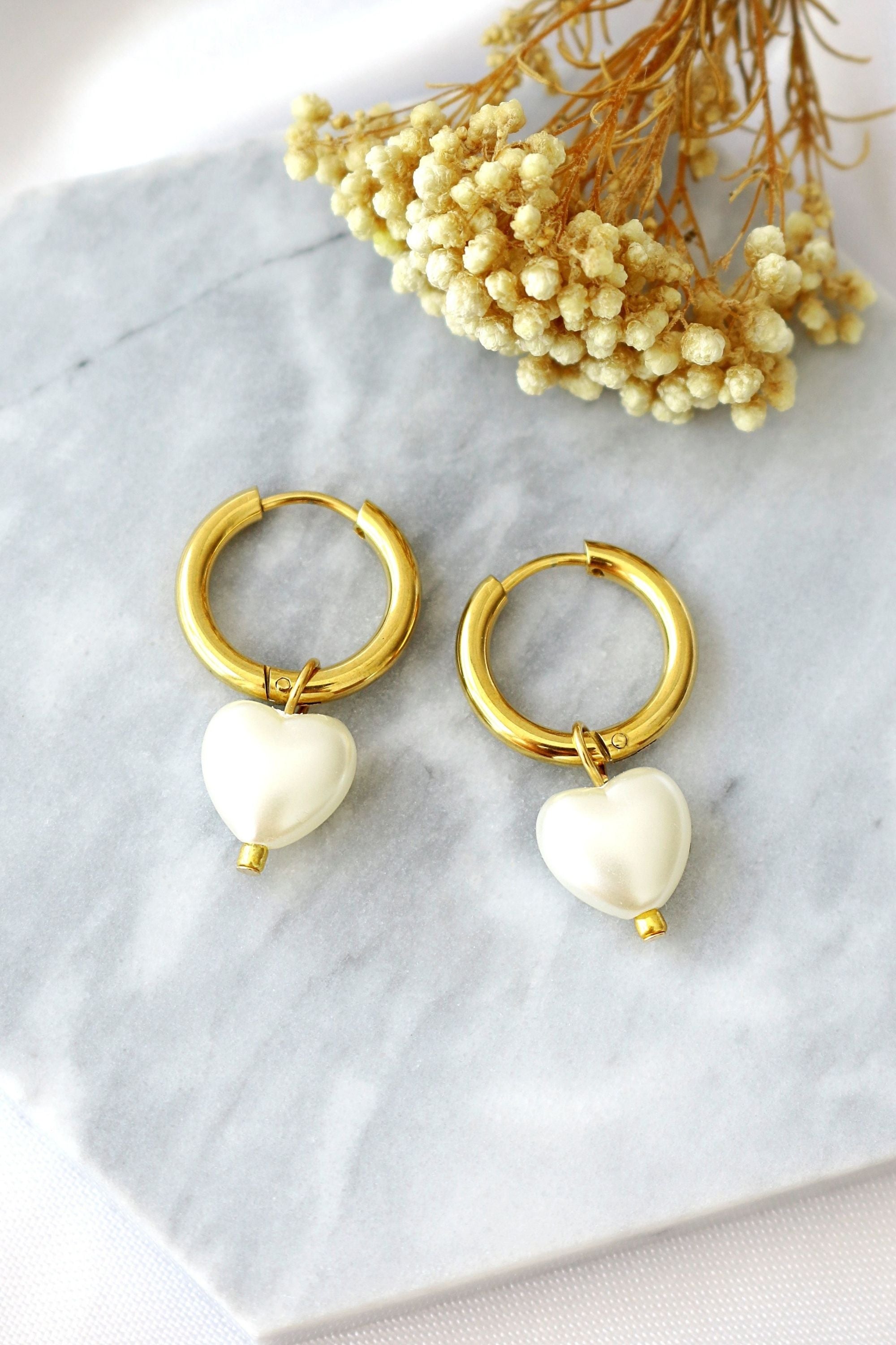 24K Gold-Plated Heart Pearl Hoop Earrings - Hypoallergenic & Handmade in Europe Bijou Her