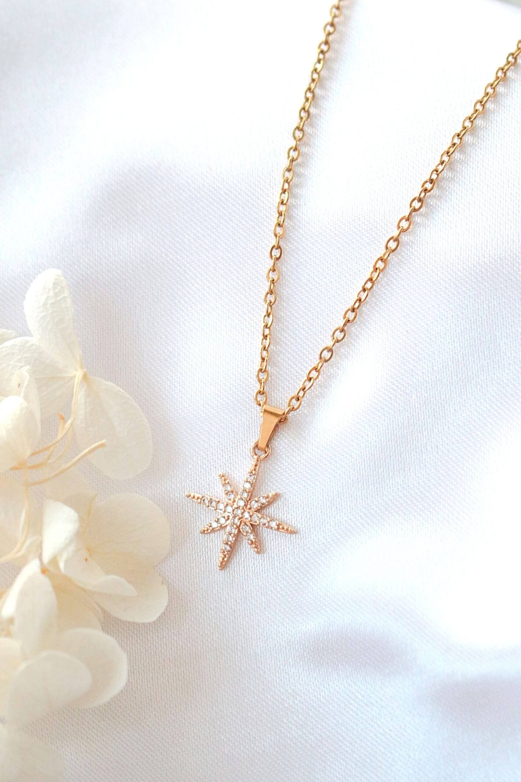 24K Gold Plated Polaris Star Necklace with Cubic Zirconia - Hypoallergenic and Handmade in Europe Bijou Her