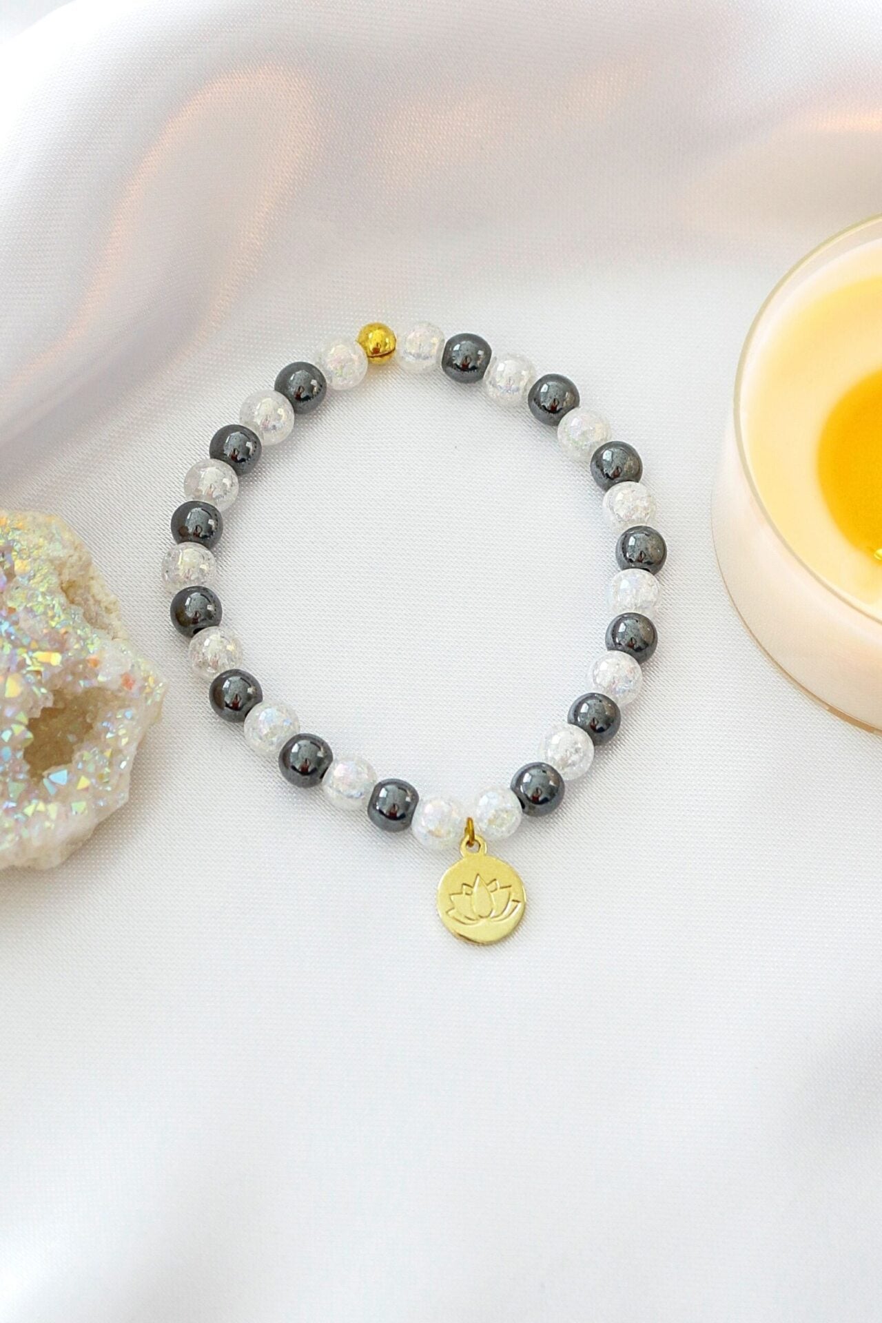 24K Lotus Flower Hematite Bracelet - Protective and Stylish Amulet for Everyday Wear Bijou Her