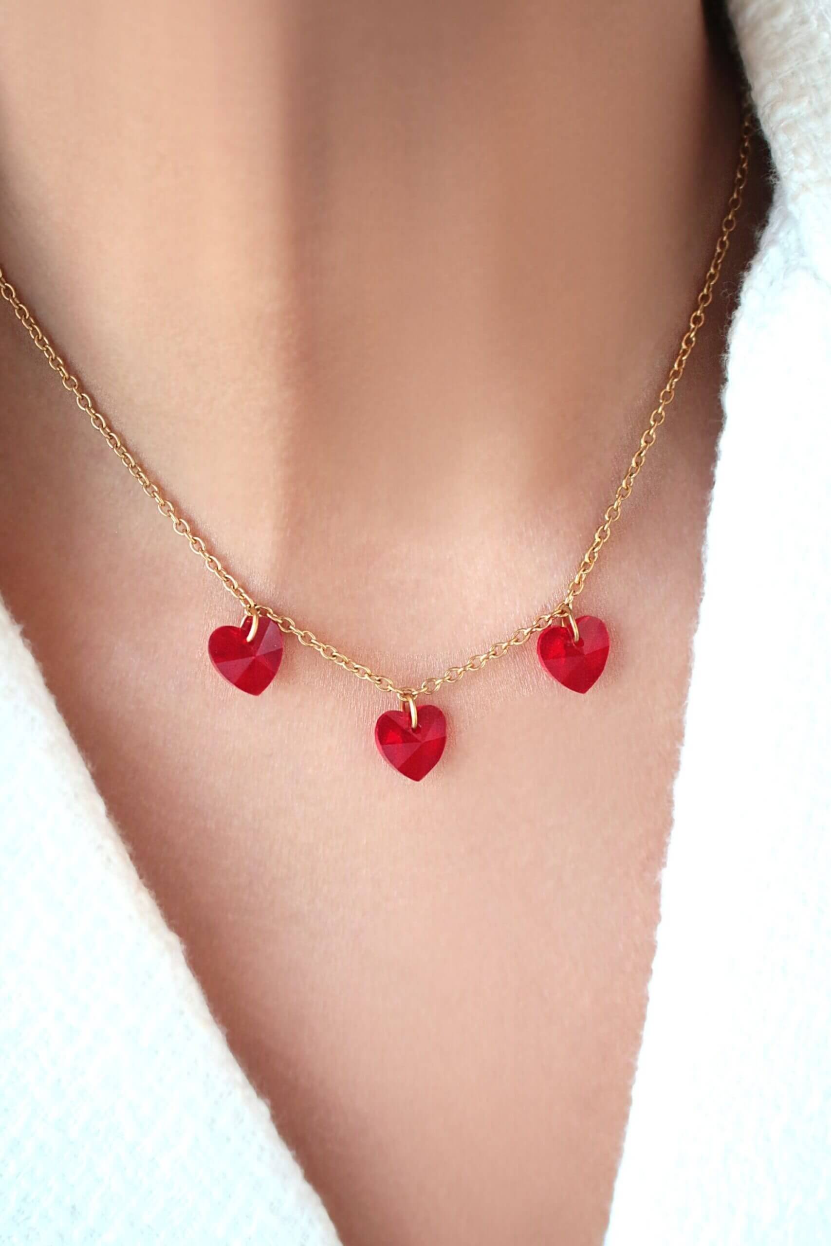 3 Red Hearts 24K Gold Necklace - Handmade in Europe, Hypoallergenic & Nickel-Free Bijou Her