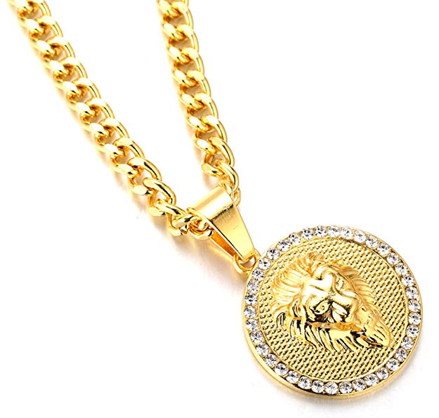 3D Lion Pav'e Medallion Necklace in 14K Gold Plating - Modern English Design for Men's Fashion and Father's Day Gift Bijou Her
