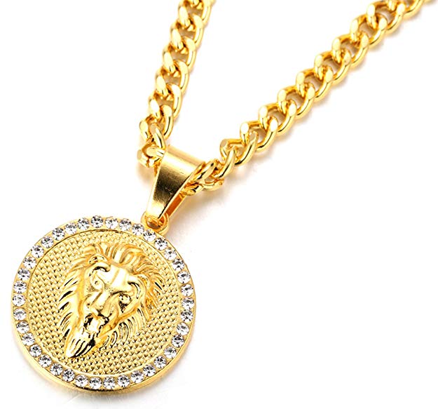 3D Lion Pav'e Medallion Necklace in 14K Gold Plating - Modern English Design for Men's Fashion and Father's Day Gift Bijou Her
