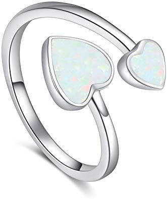 8mm Opal Heart Adjustable Open Ring in 925 Sterling Silver Bijou Her