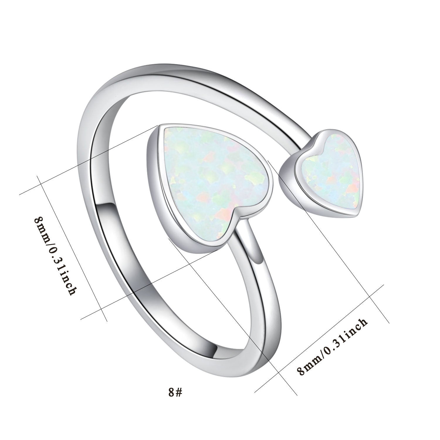 8mm Opal Heart Adjustable Open Ring in 925 Sterling Silver Bijou Her