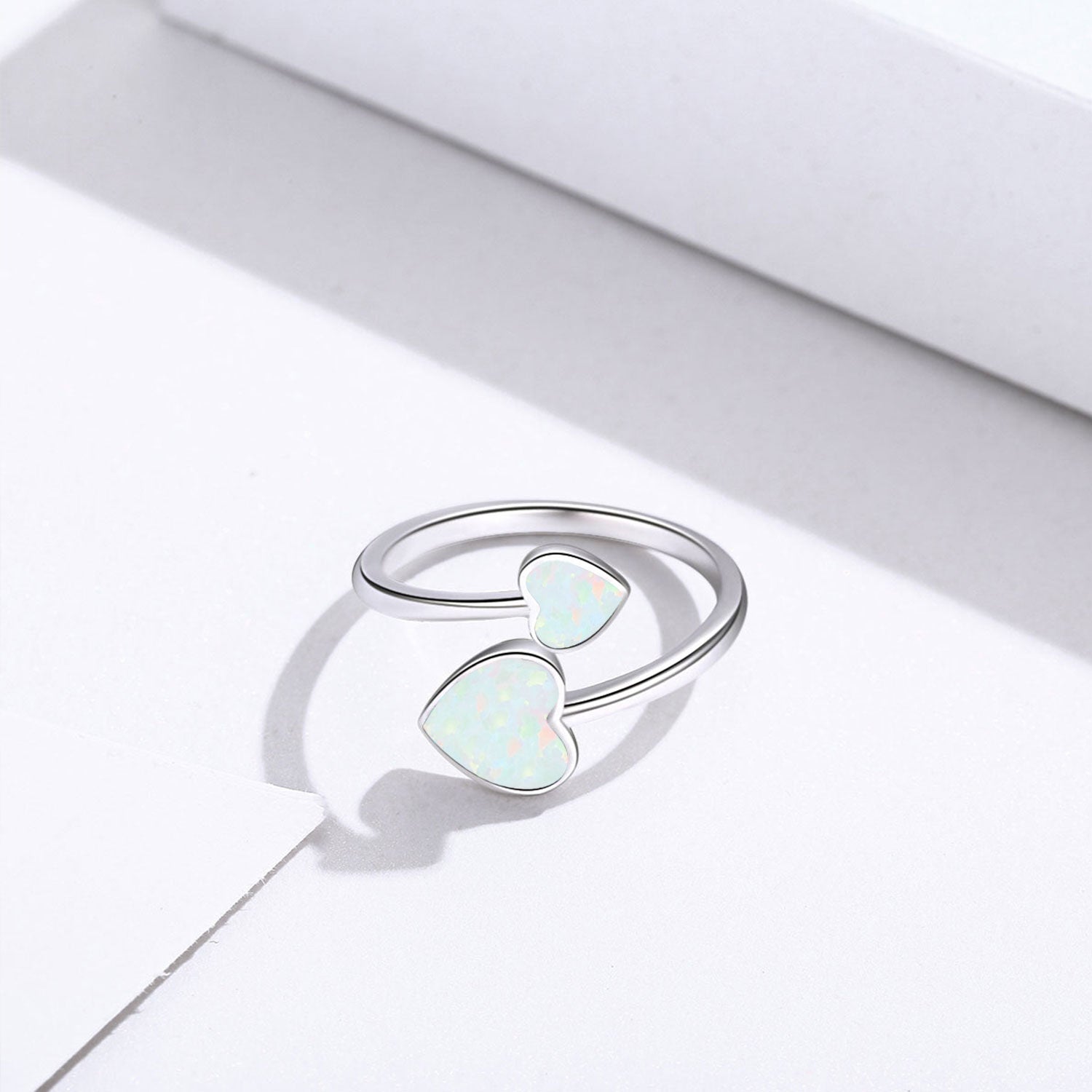 8mm Opal Heart Adjustable Open Ring in 925 Sterling Silver Bijou Her