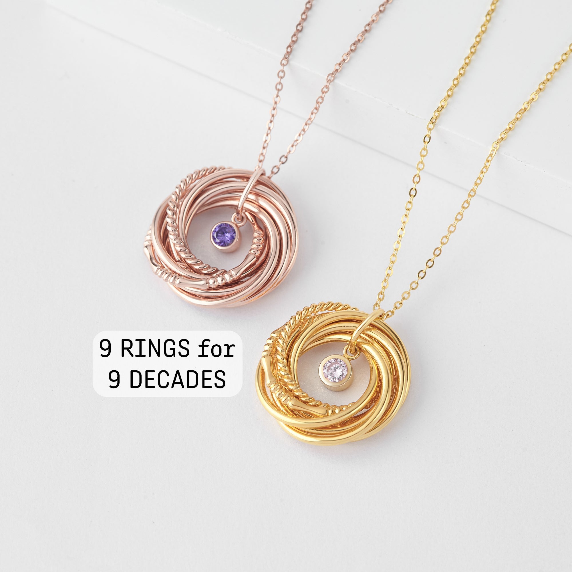 9 Ring Necklace for 90th Birthday with Birthstones, Sterling Silver and 18K Gold Plated Jewelry Gift for Mom or Grandma Bijou Her