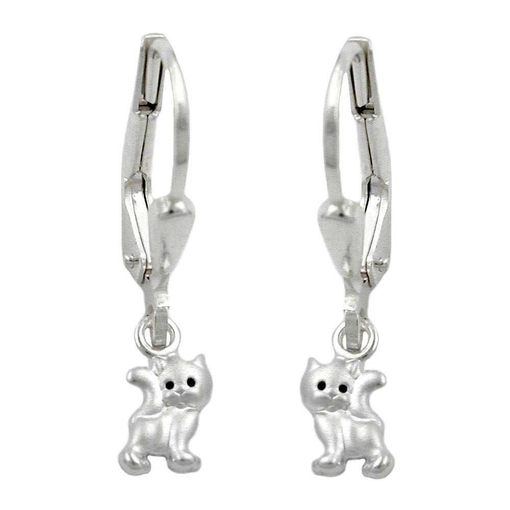 925 Silver Cat Leverback Earrings - Charming and Youthful Design, Lacquered Black Eyes, 21x5mm, 1.12g, Sterling Silver Alloy, Perfect for Any Occasion Bijou Her