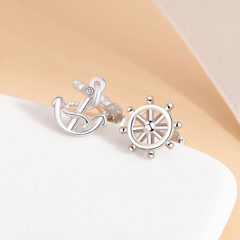 925 Silver Ear Nail Female Fashion Ship Anchor Rudder Asymmetry Bijou Her