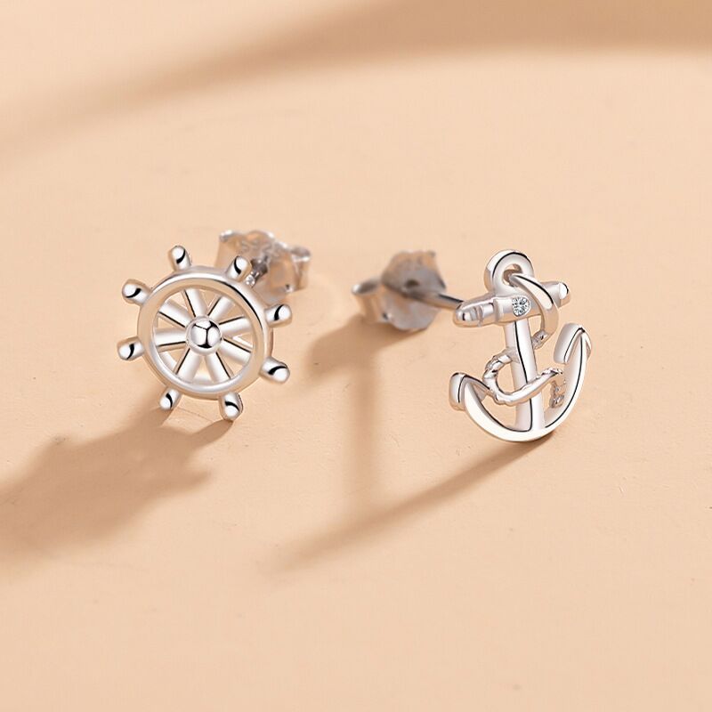 925 Silver Ear Nail Female Fashion Ship Anchor Rudder Asymmetry Bijou Her