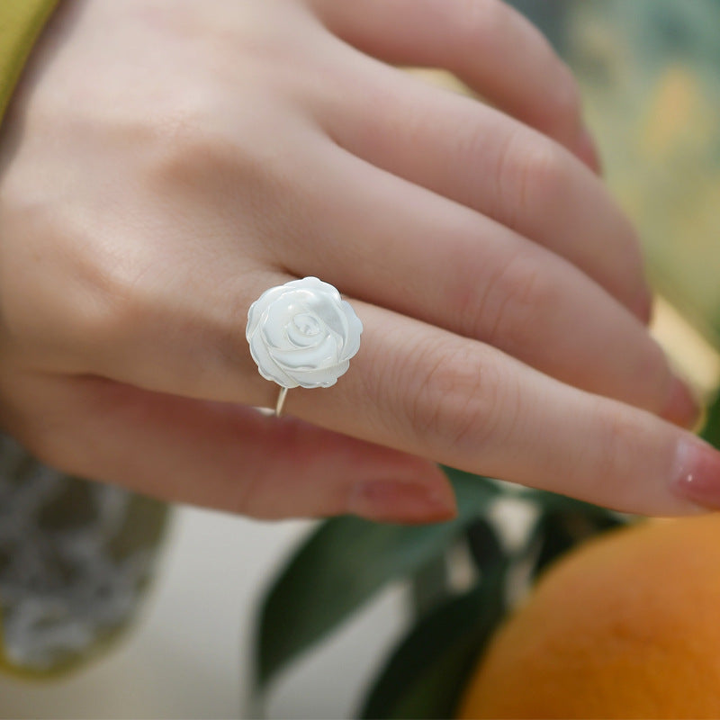 925 Silver Hand-carved Three-dimensional Shell Camellia Ring Bijou Her