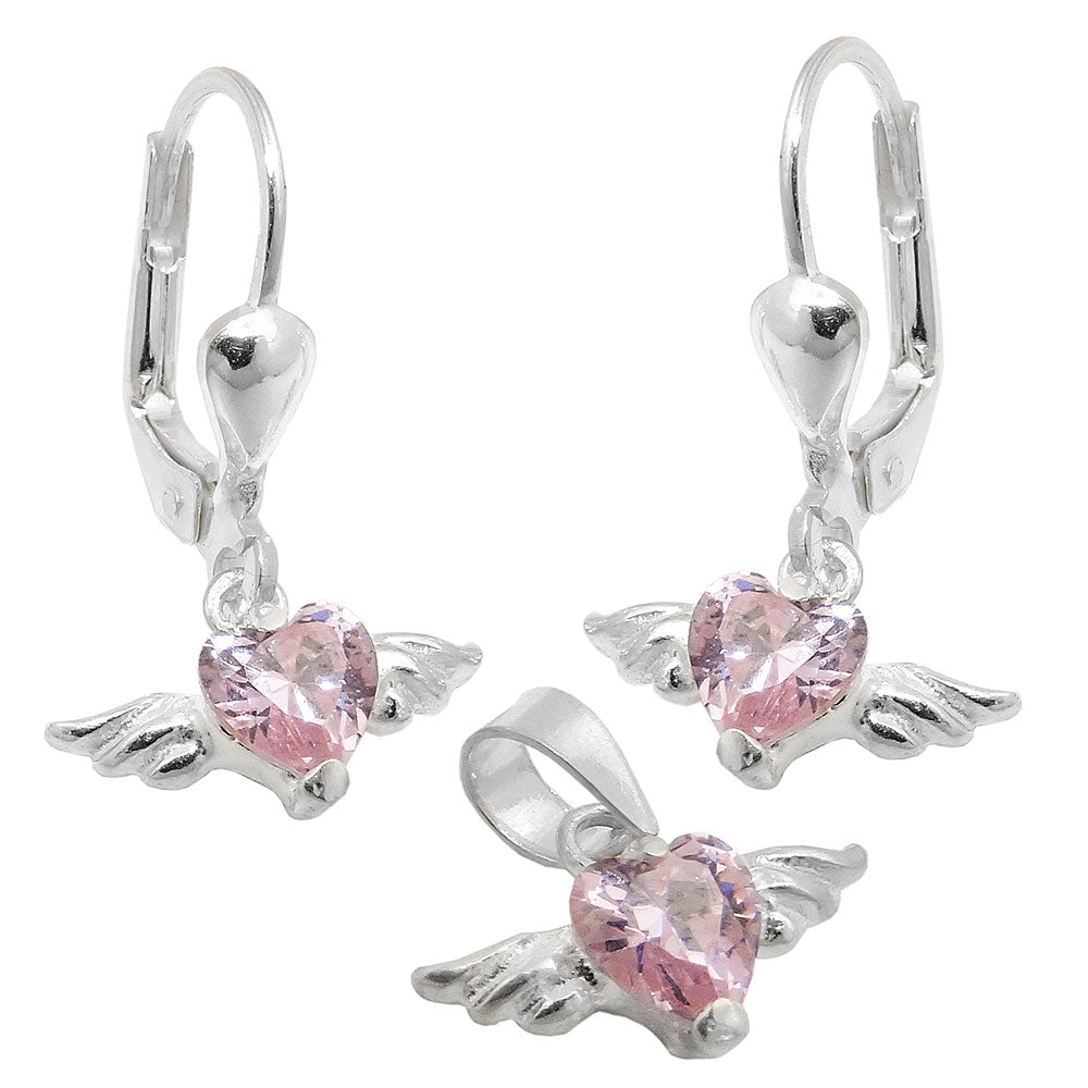 925 Silver Zirconia Herz Pendant and Studs Set with Pink Wings - 22mm Length Bijou Her