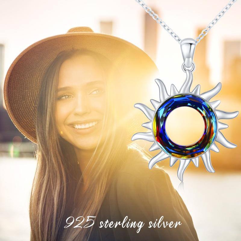 925 Sterling Silver Crystal Sun Burning Sun Pendant Necklace Jewelry Bijou Her