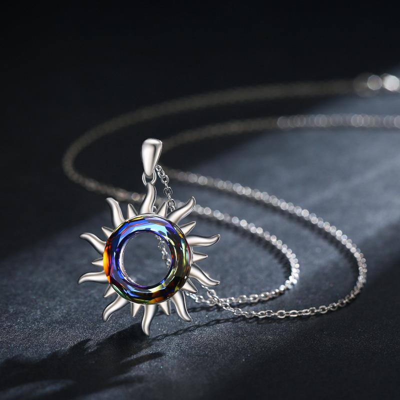 925 Sterling Silver Crystal Sun Burning Sun Pendant Necklace Jewelry Bijou Her