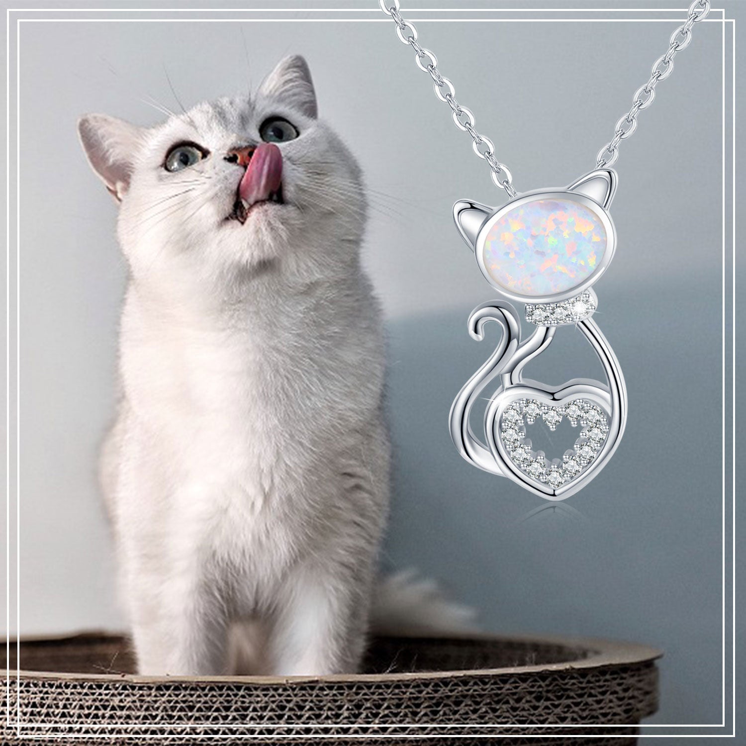 925 Sterling Silver Opal Cat Pendant Necklace Bijou Her