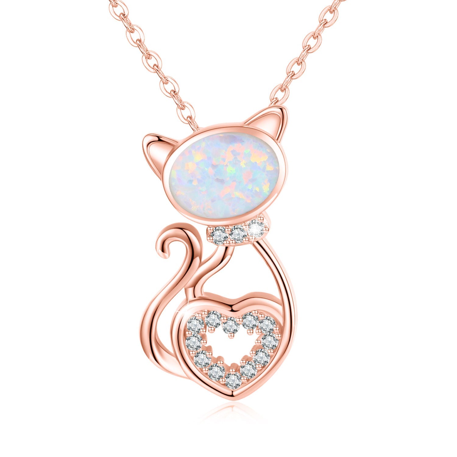 925 Sterling Silver Opal Cat Pendant Necklace Bijou Her