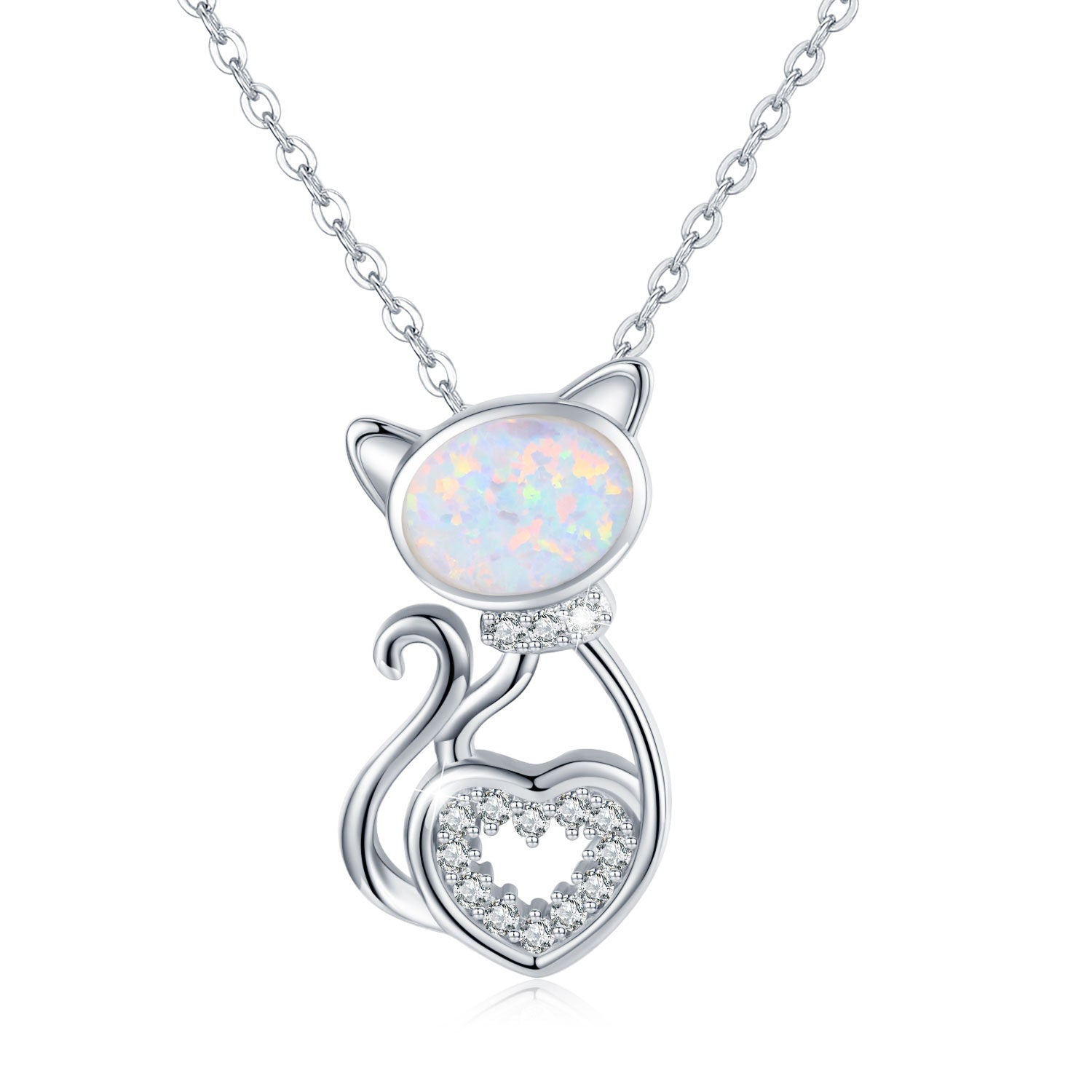 925 Sterling Silver Opal Cat Pendant Necklace Bijou Her