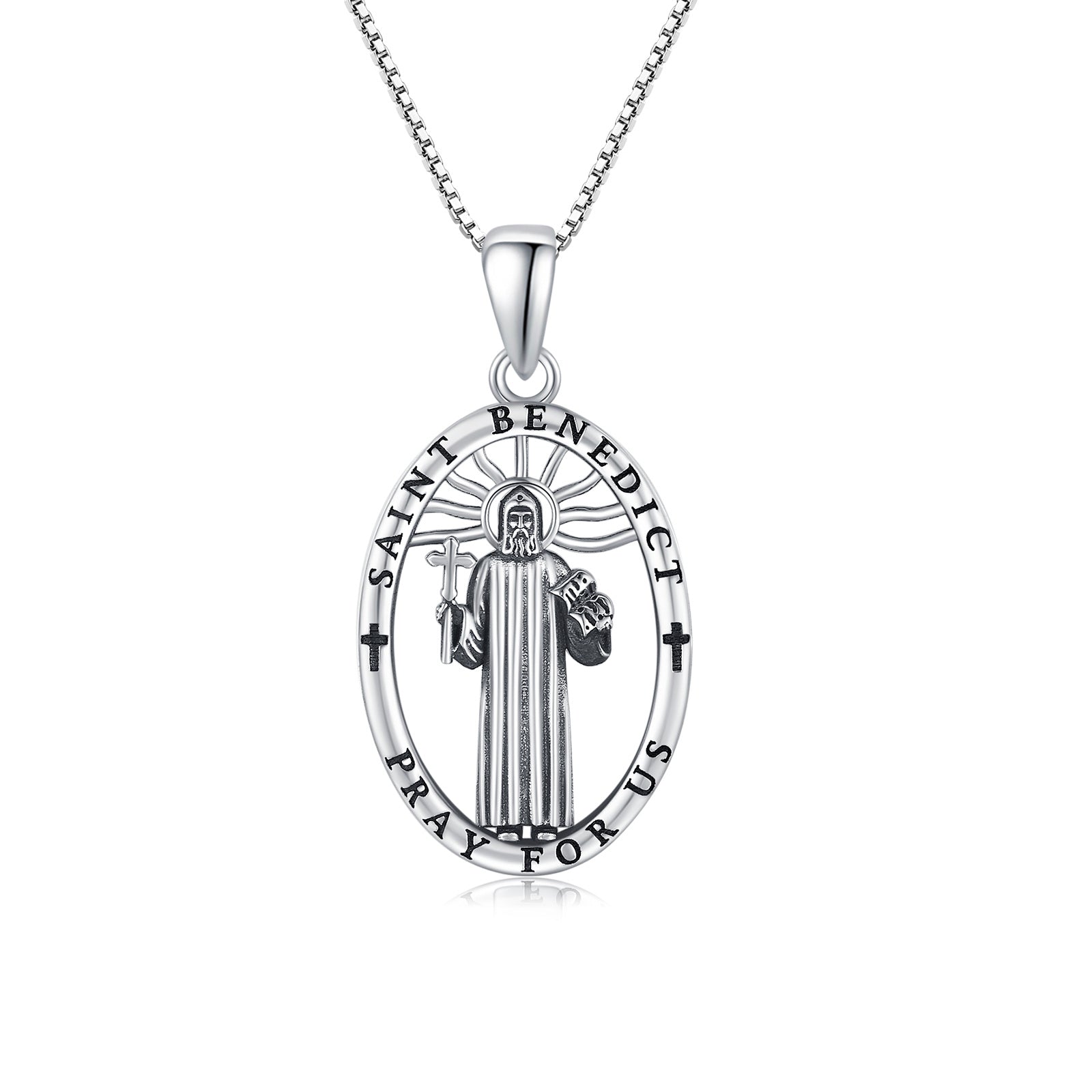 925 Sterling Silver Oval Saint Benedict Medal Necklace Patron Saint Pray For Us Pendant Necklace Bijou Her