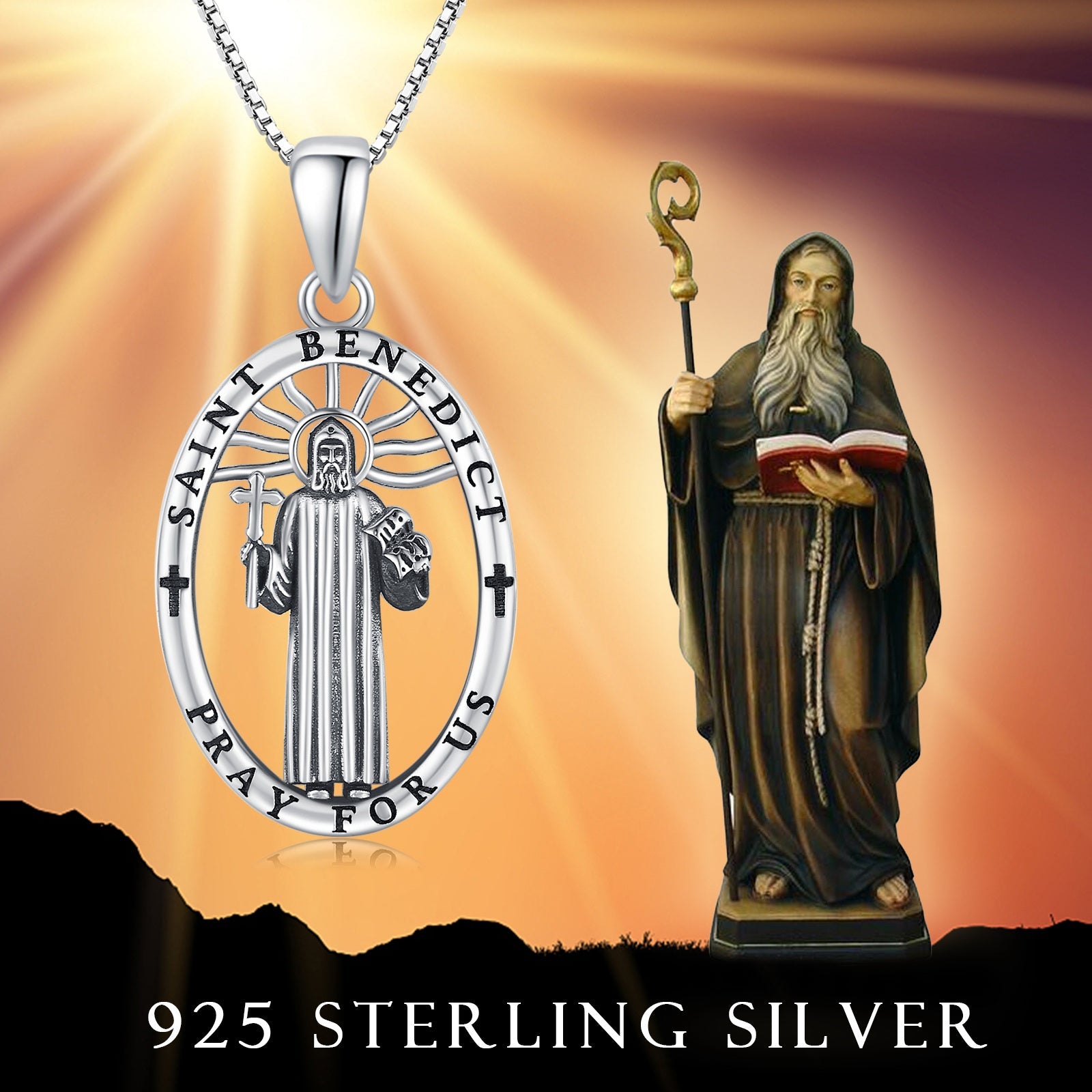 925 Sterling Silver Oval Saint Benedict Medal Necklace Patron Saint Pray For Us Pendant Necklace Bijou Her