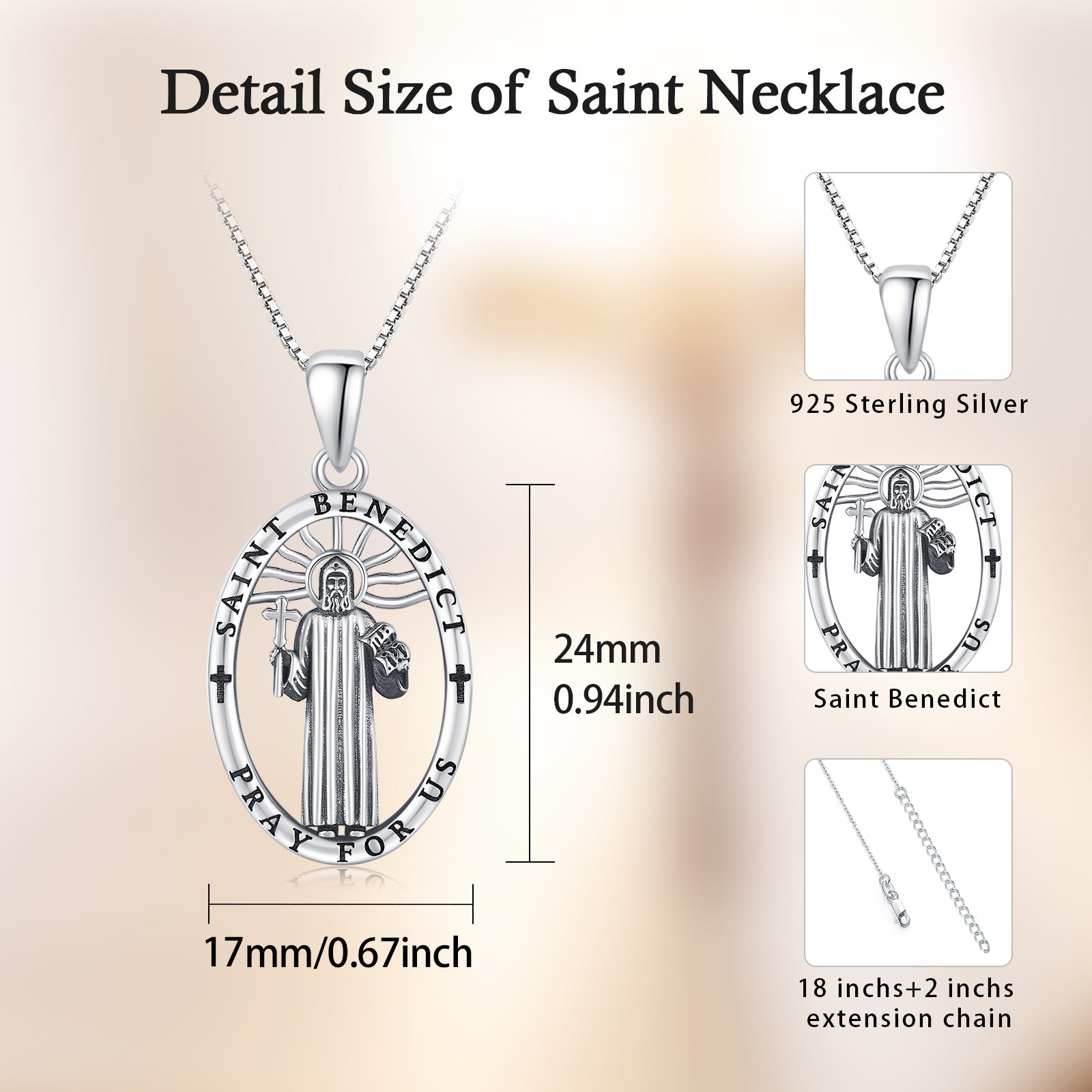 925 Sterling Silver Oval Saint Benedict Medal Necklace Patron Saint Pray For Us Pendant Necklace Bijou Her